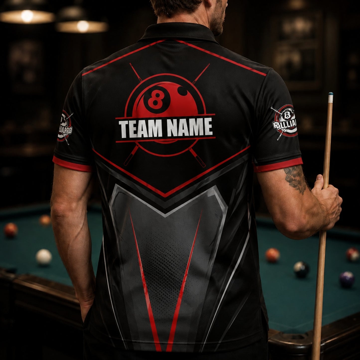 Crowned 8 Ball Lightning Sport Personalized Billiard Polo Shirt Back View