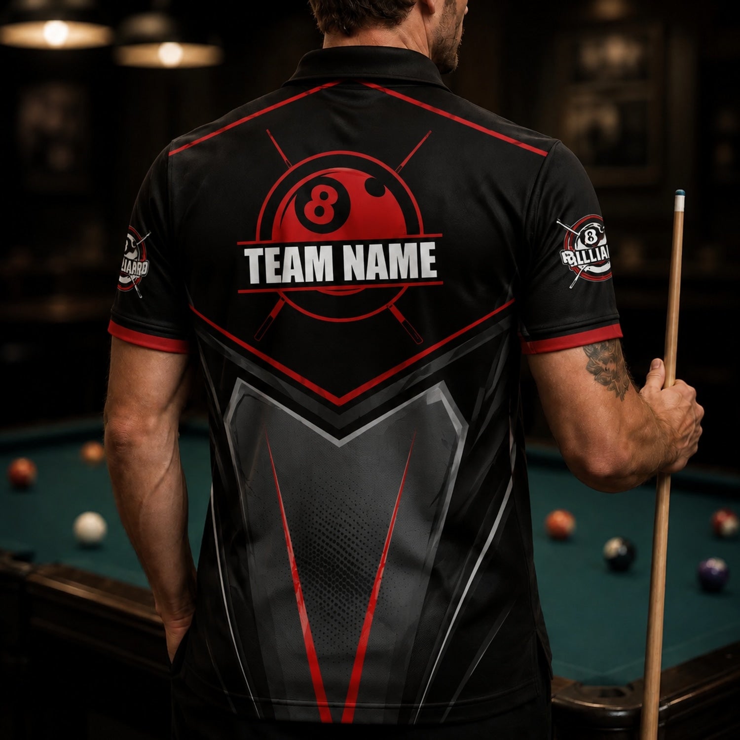 Crowned 8 Ball Lightning Sport Personalized Billiard Polo Shirt Back View