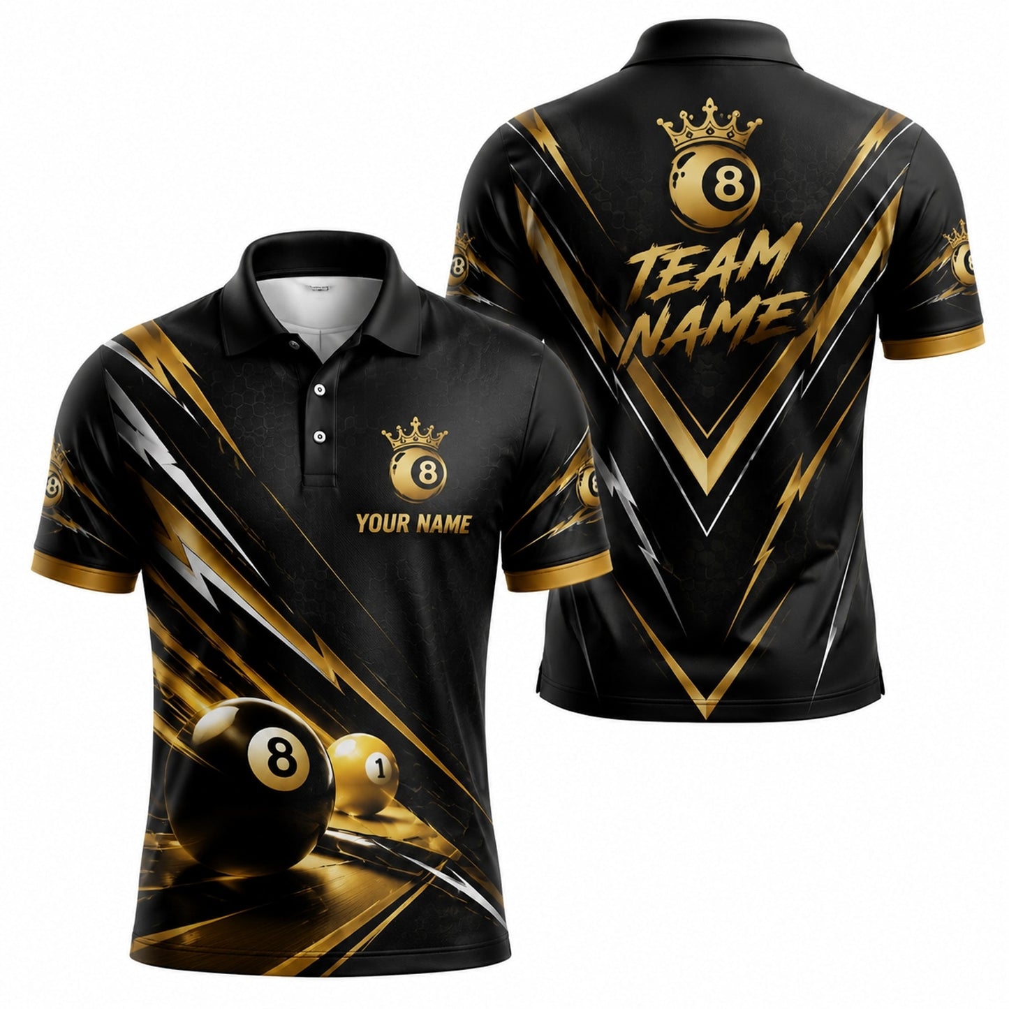 Crowned 8 Ball Lightning Sport Personalized Billiard Polo Shirt