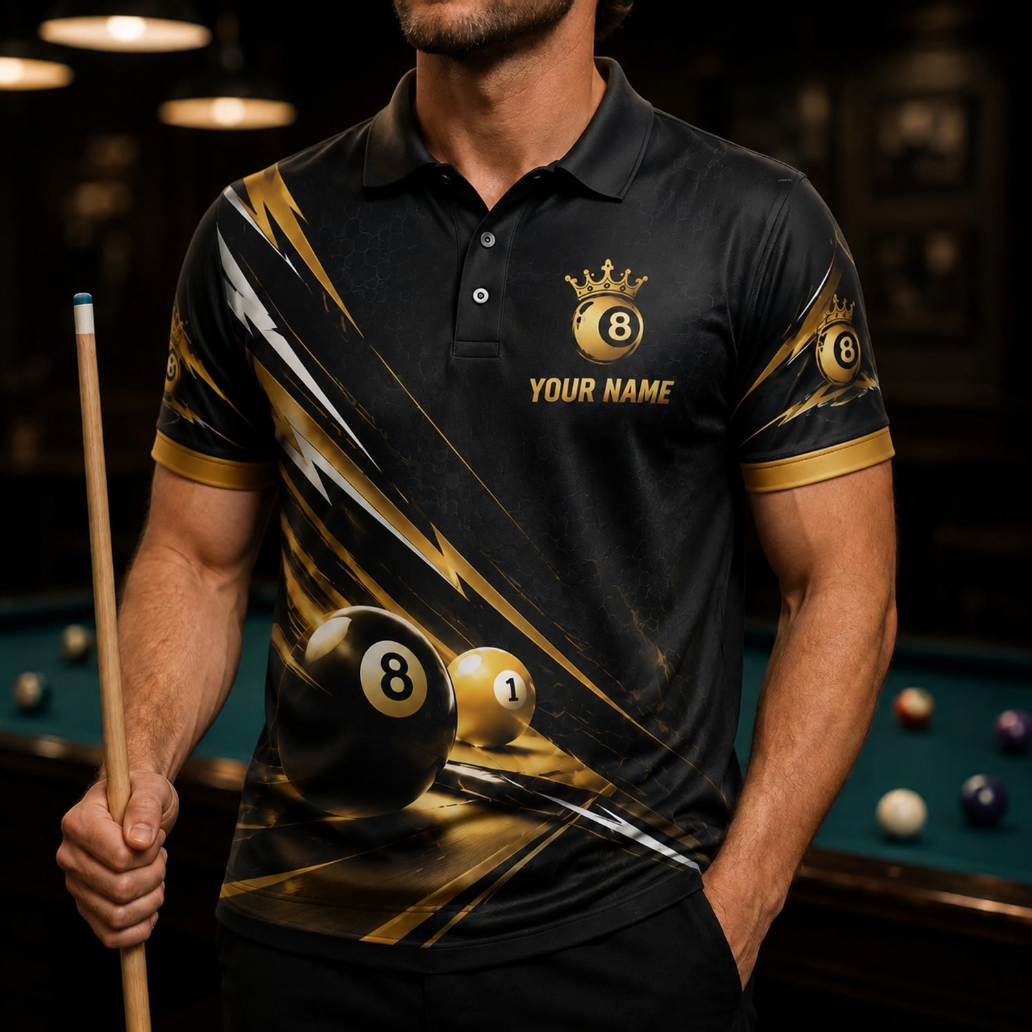 Crowned 8 Ball Lightning Sport Personalized Billiard Polo Shirt Front View