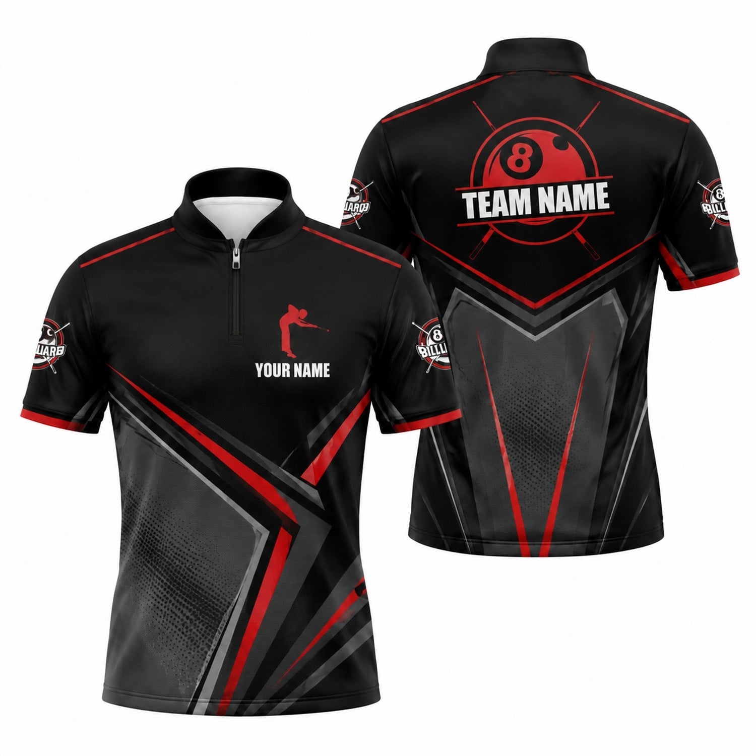 Crowned 8 Ball Lightning Sport Personalized Billiard Polo Shirt Jersey Zip 1 4 Collar