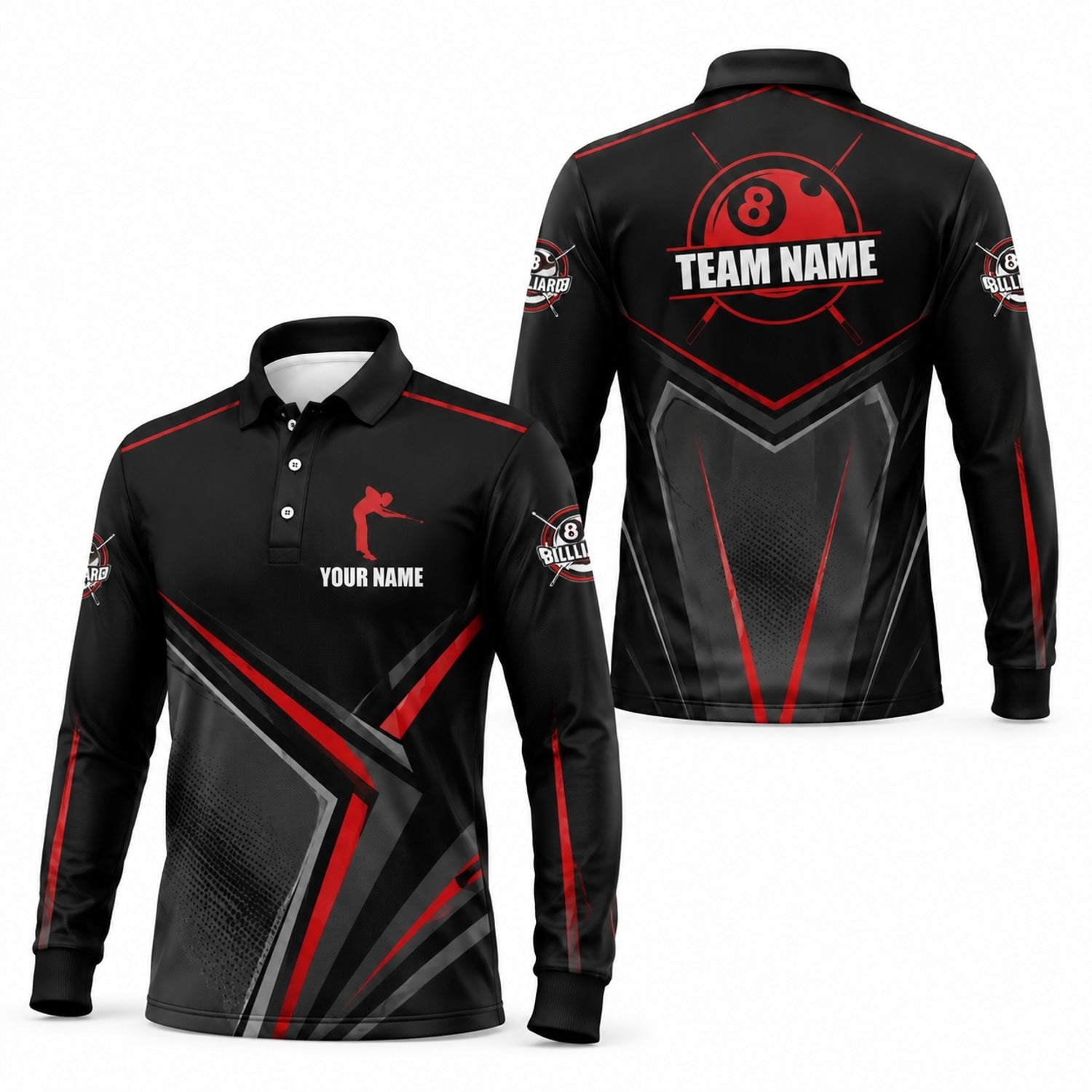 Crowned 8 Ball Lightning Sport Personalized Billiard Polo Shirt Long Sleeve Polo