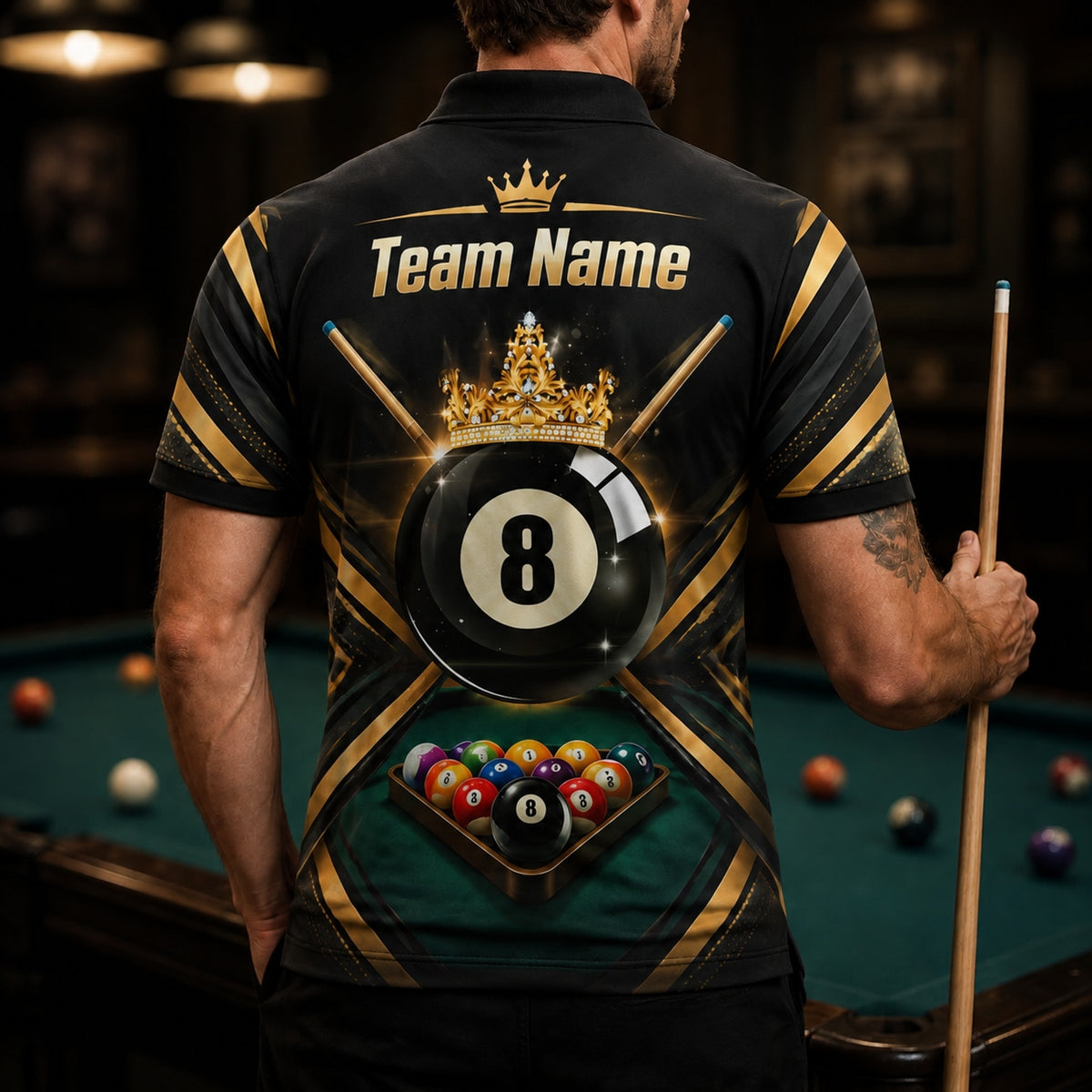 Crowned 8 Ball Modern Personalized Billiard Polo Shirt Back View