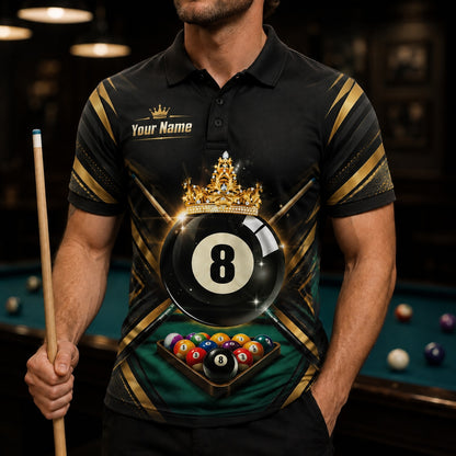 Crowned 8 Ball Modern Personalized Billiard Polo Shirt Front View