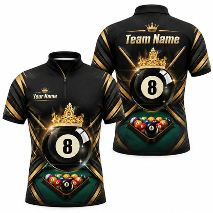 Crowned 8 Ball Modern Personalized Billiard Polo Shirt Jersey Zip 1 4 Collar