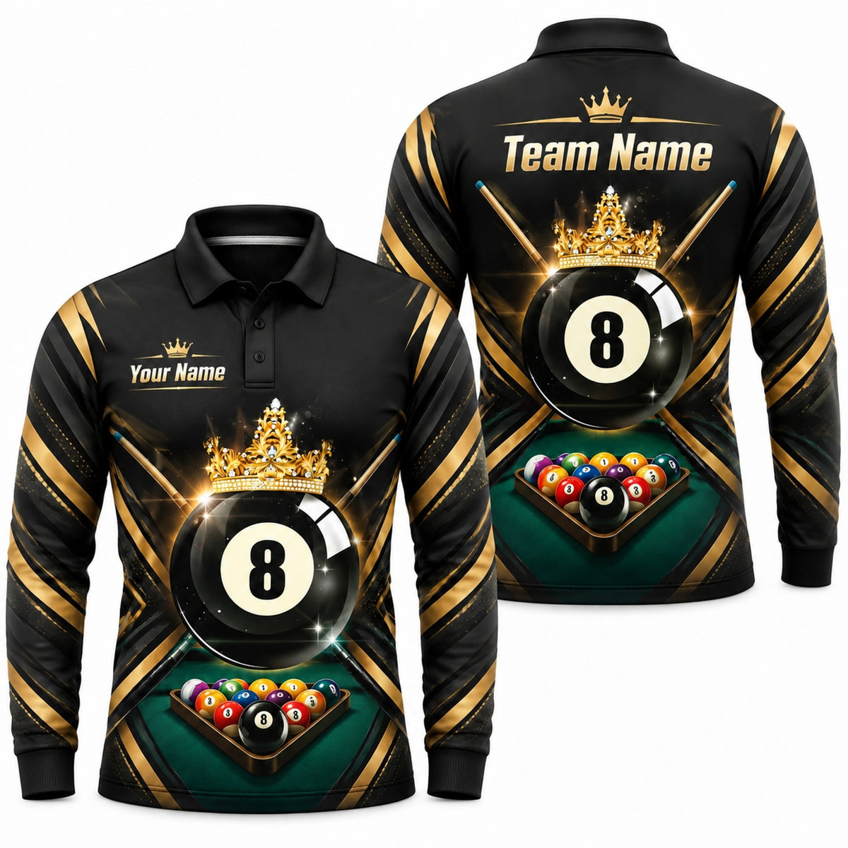 Crowned 8 Ball Modern Personalized Billiard Polo Shirt Long Sleeve Polo