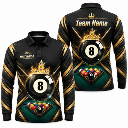 Crowned 8 Ball Modern Personalized Billiard Polo Shirt Long Sleeve Polo