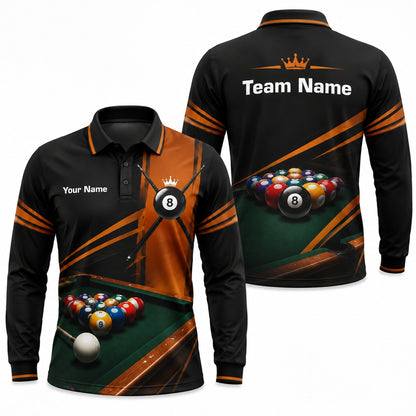 Crowned 8 Ball Rack Sport Personalized Billiard Polo Shirt Long Sleeve Polo