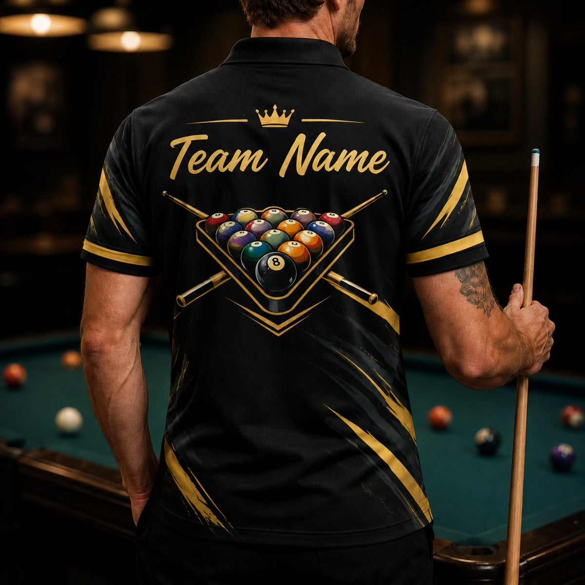 Crowned 8 Ball Sport Custom Billiard Polo Shirt Back View