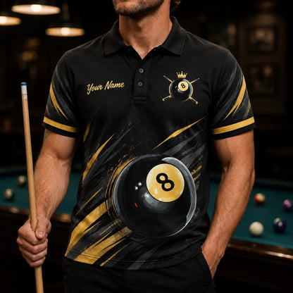 Crowned 8 Ball Sport Custom Billiard Polo Shirt Front View