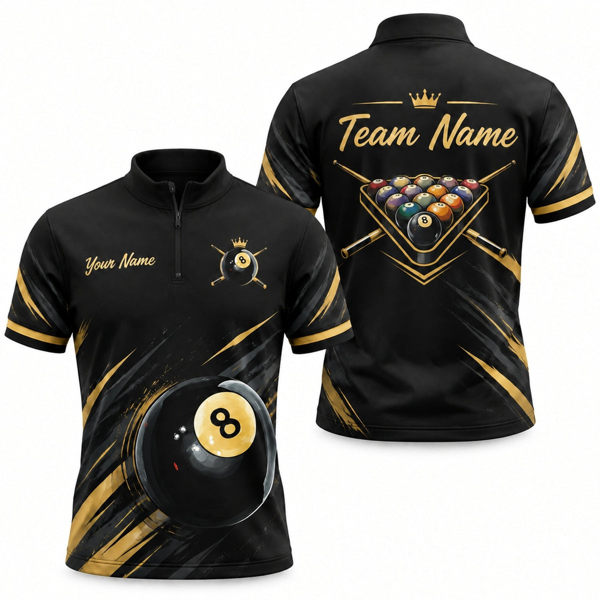Crowned 8 Ball Sport Custom Billiard Polo Shirt Jersey Zip 1 4 Collar
