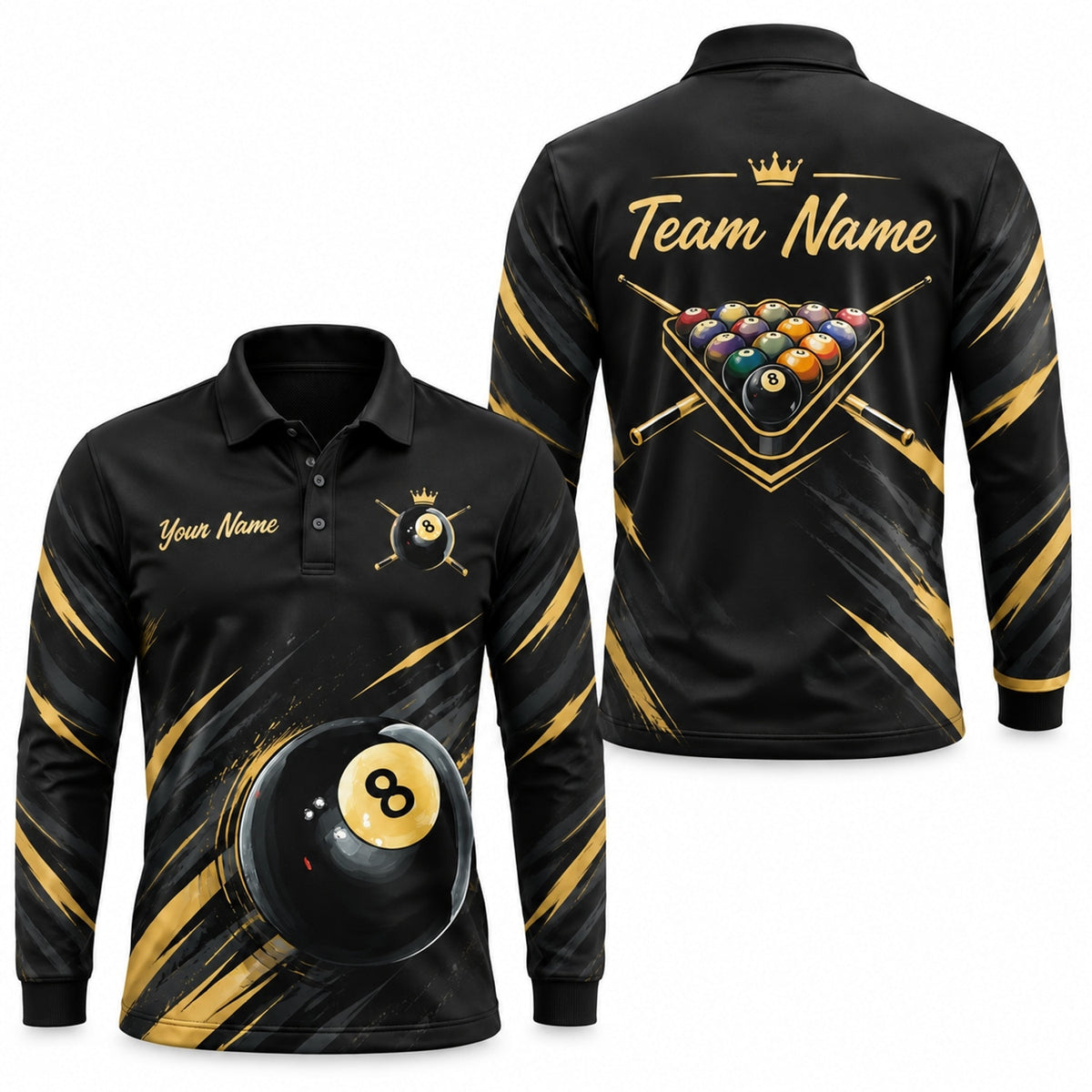 Crowned 8 Ball Sport Custom Billiard Polo Shirt Long Sleeve Polo
