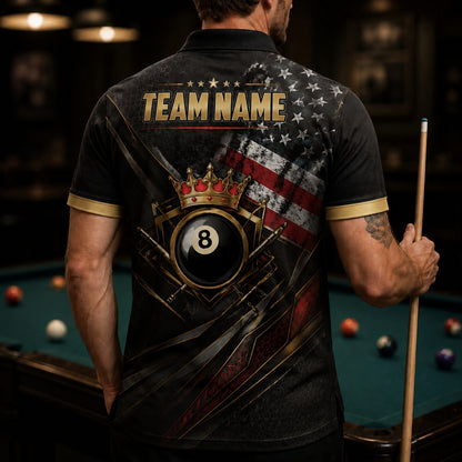 Crowned Eight Ball Billiards Custom Billiard Polo Shirt Back View