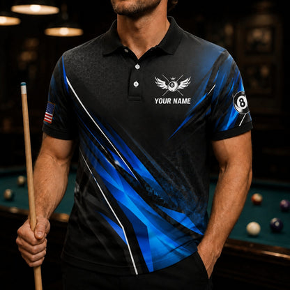 Crowned Eight Ball Billiards Custom Billiard Polo Shirt Front View