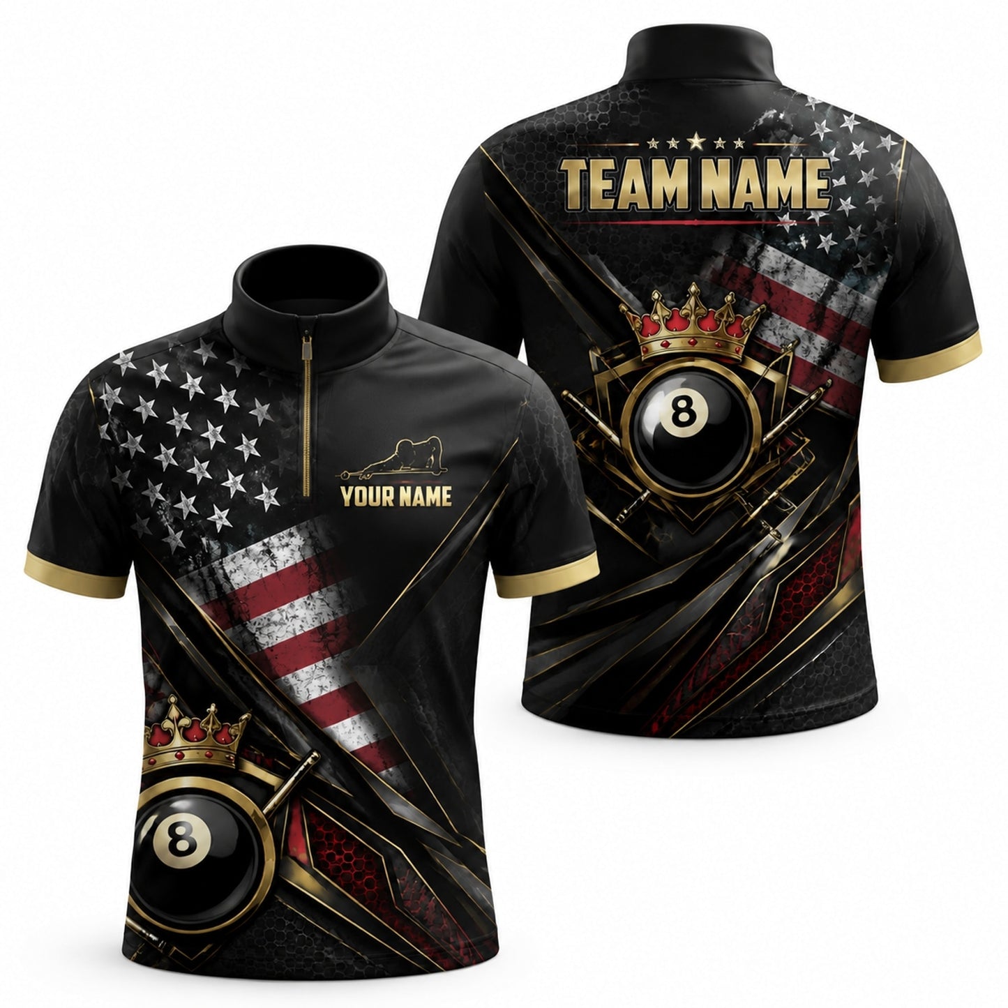 Crowned Eight Ball Billiards Custom Billiard Polo Shirt Jersey Zip 1 4 Collar