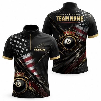 Crowned Eight Ball Billiards Custom Billiard Polo Shirt Jersey Zip 1 4 Collar