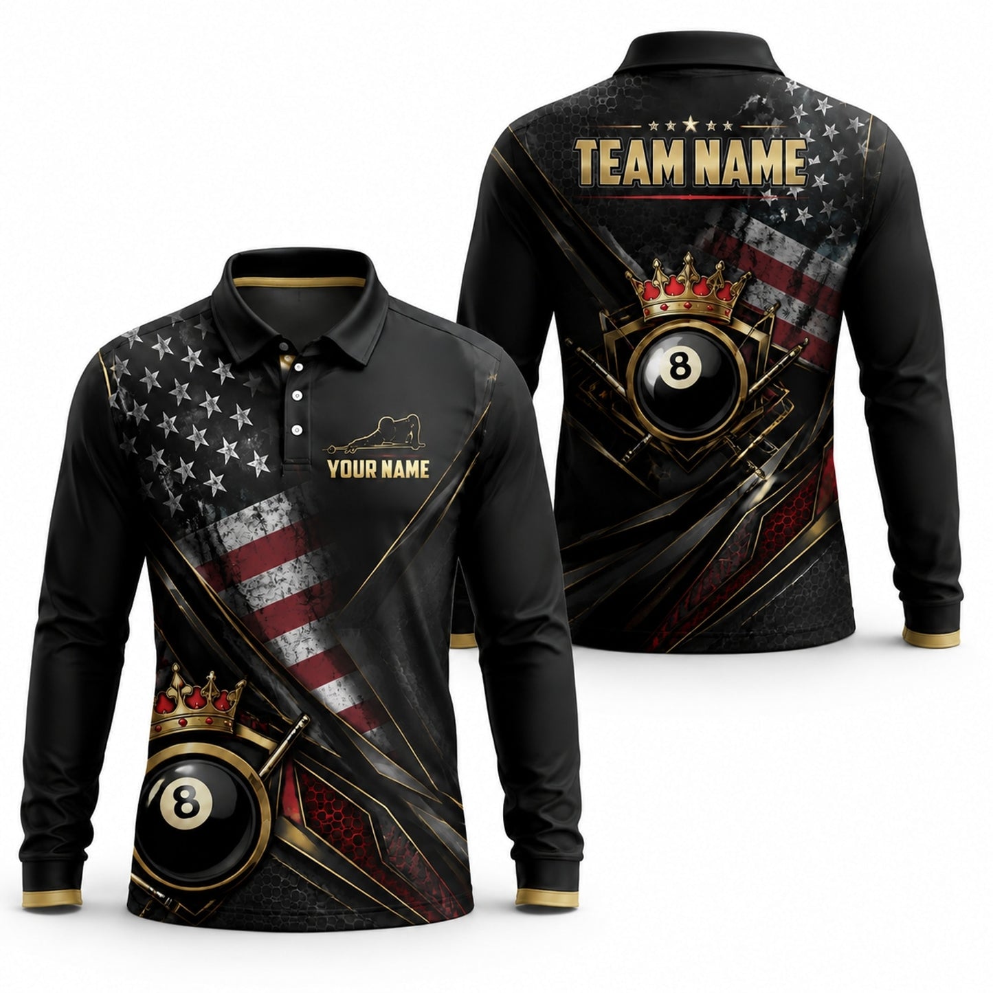 Crowned Eight Ball Billiards Custom Billiard Polo Shirt Long Sleeve Polo