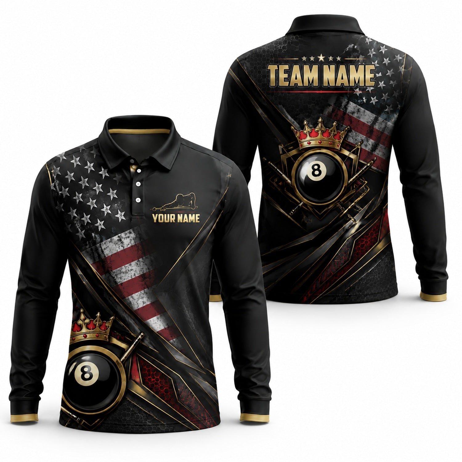 Crowned Eight Ball Billiards Custom Billiard Polo Shirt Long Sleeve Polo