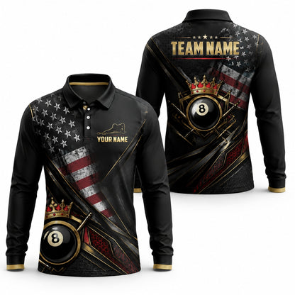 Crowned Eight Ball Billiards Custom Billiard Polo Shirt Long Sleeve Polo