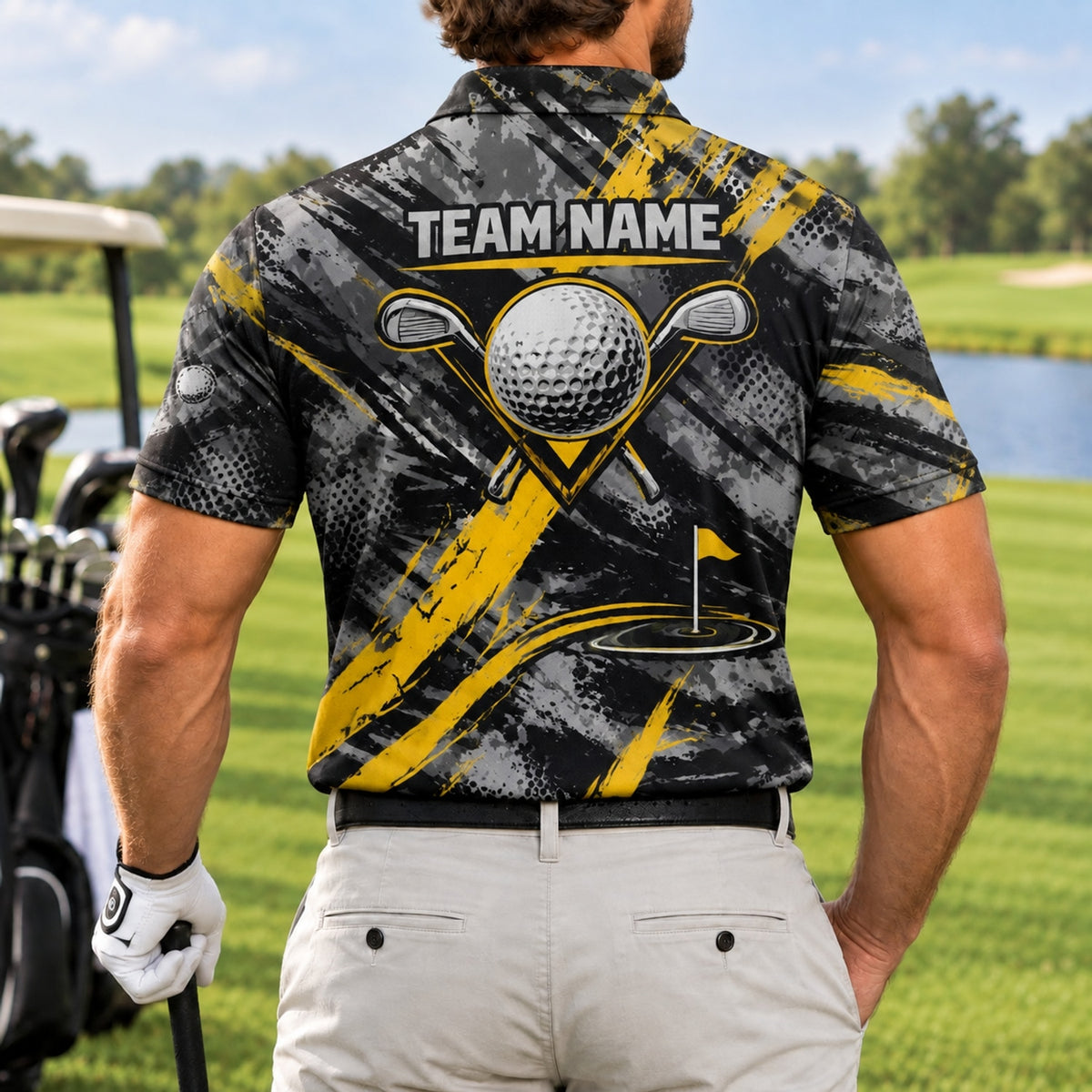 Crowned Golf Ball Clubs Graphic Custom Golf Polo Shirt Back View