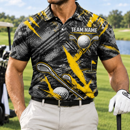 Crowned Golf Ball Clubs Graphic Custom Golf Polo Shirt Front View