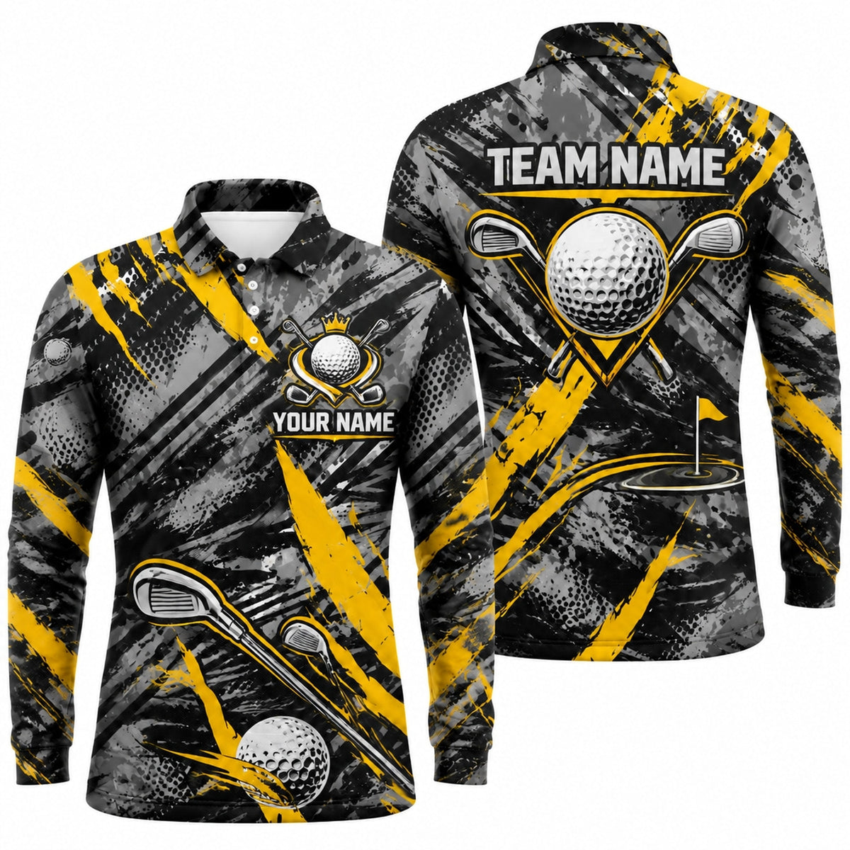 Crowned Golf Ball Clubs Graphic Custom Golf Polo Shirt Long Sleeve Polo