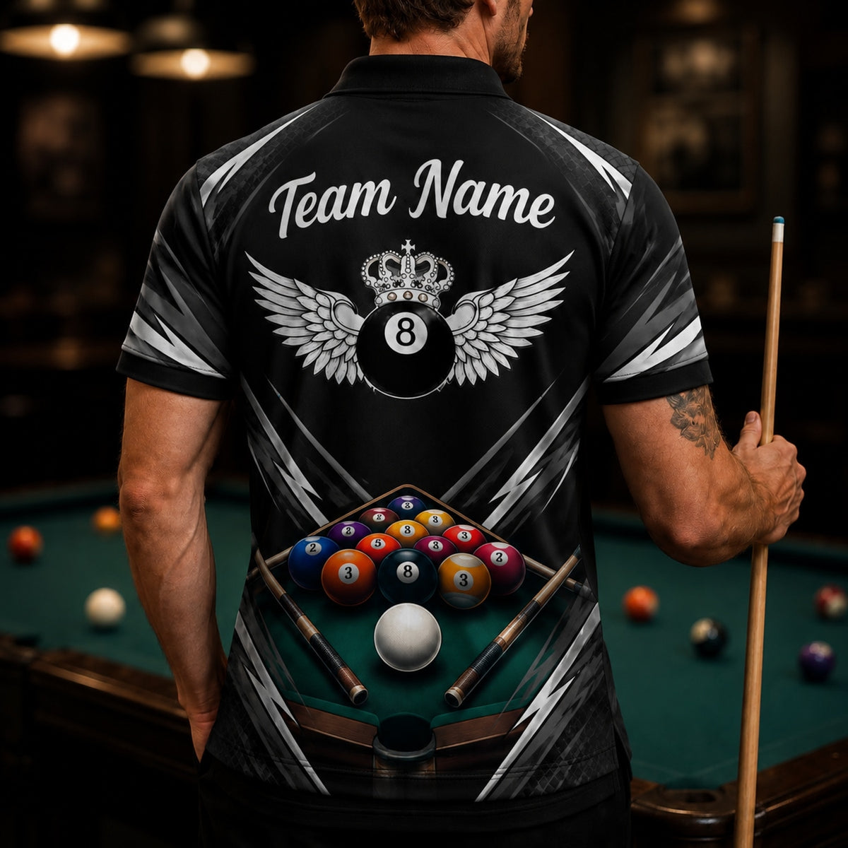 Crowned Winged 8 Ball Sport Custom Billiard Polo Shirt Back View