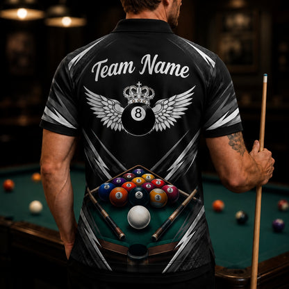 Crowned Winged 8 Ball Sport Custom Billiard Polo Shirt Back View