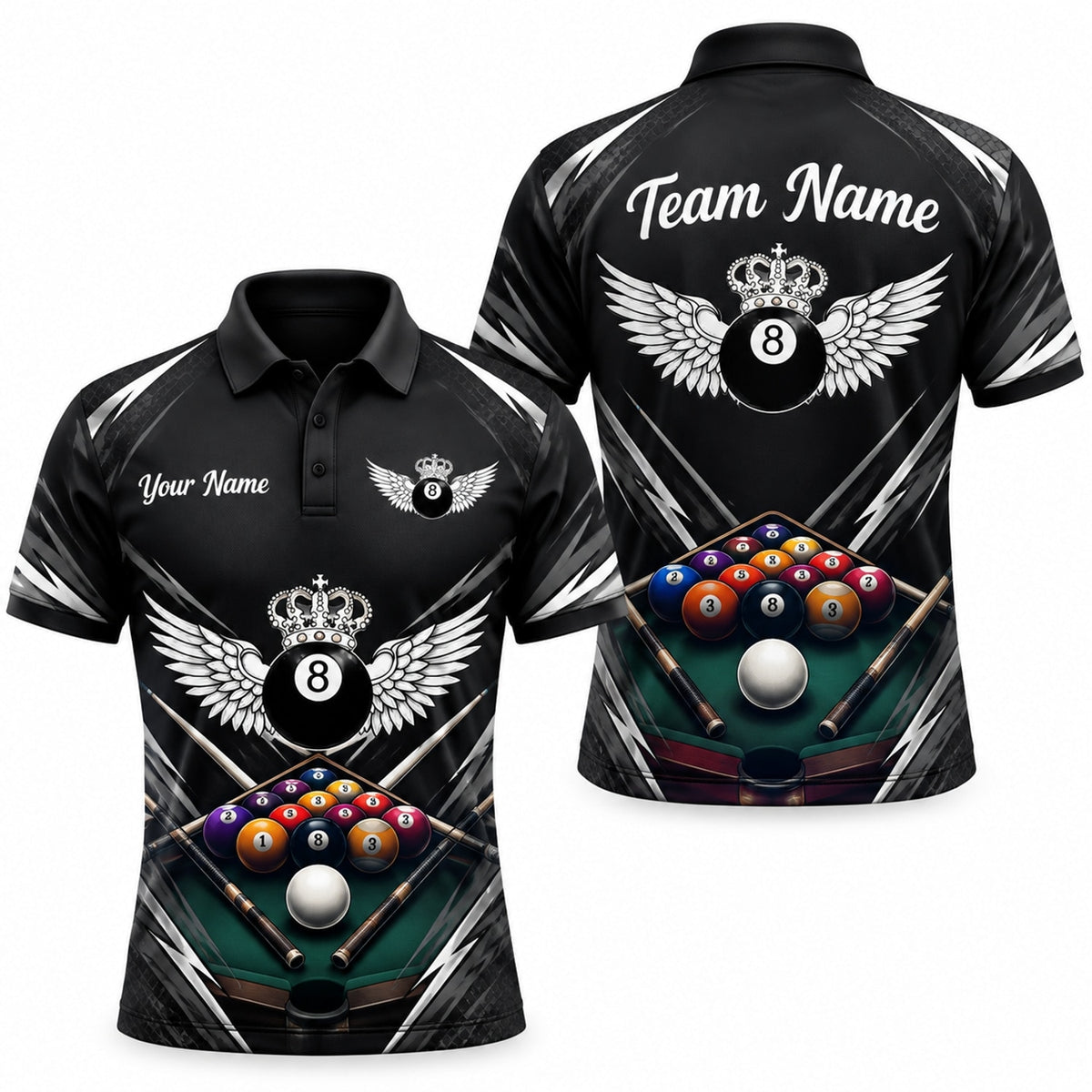 Crowned Winged 8 Ball Sport Custom Billiard Polo Shirt
