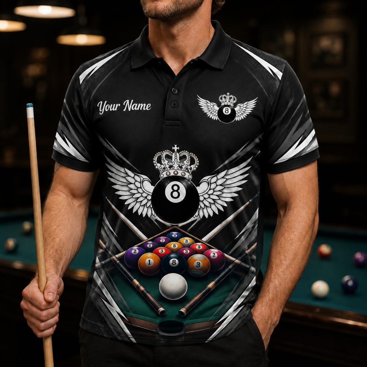 Crowned Winged 8 Ball Sport Custom Billiard Polo Shirt Front View