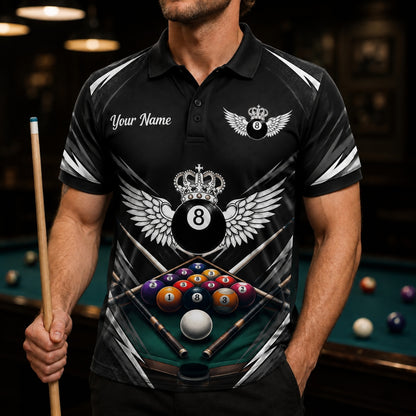 Crowned Winged 8 Ball Sport Custom Billiard Polo Shirt Front View