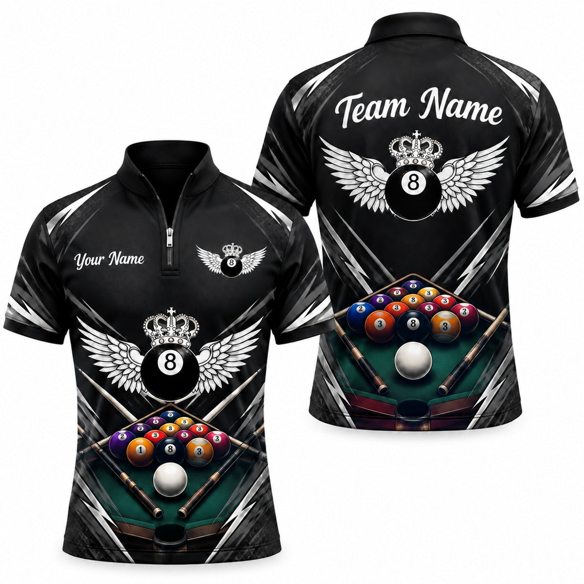 Crowned Winged 8 Ball Sport Custom Billiard Polo Shirt Jersey Zip 1 4 Collar