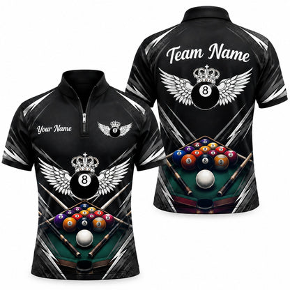 Crowned Winged 8 Ball Sport Custom Billiard Polo Shirt Jersey Zip 1 4 Collar