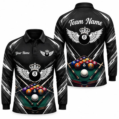 Crowned Winged 8 Ball Sport Custom Billiard Polo Shirt Long Sleeve Polo