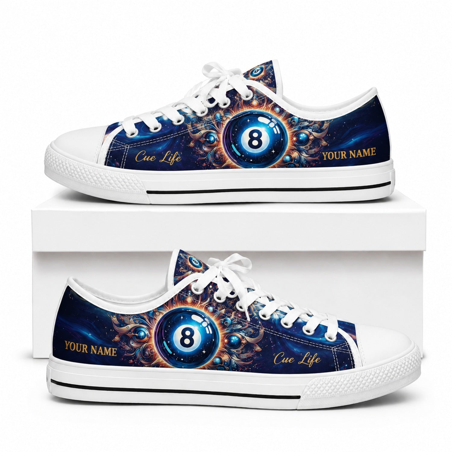 Cue Life Eight Ball Graphic Custom Low Top Shoes Box White