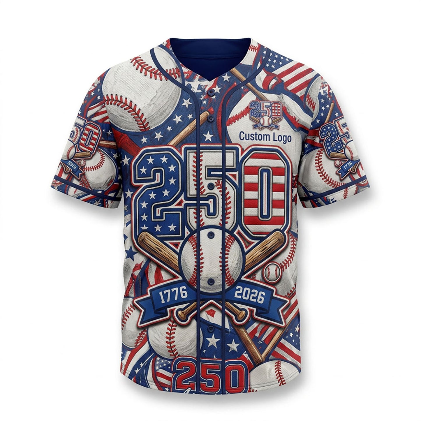 Full view of a custom patriotic baseball jersey featuring a large 250th anniversary design