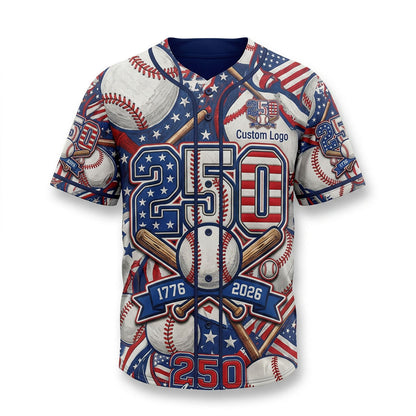 Full view of a custom patriotic baseball jersey featuring a large 250th anniversary design