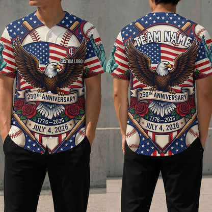 Front and back view of a custom 250th Anniversary baseball legend jersey featuring American flag, eagle, and 1776-2026 commemorative dates