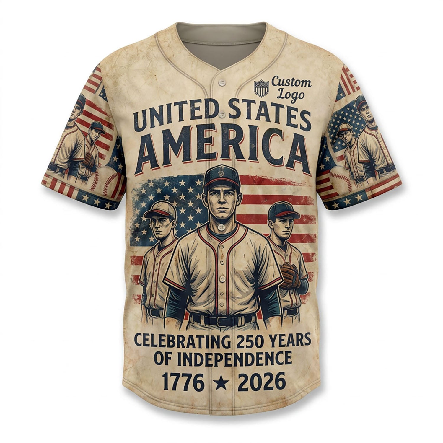 Full view of a custom patriotic baseball jersey celebrating 250 years of independence with classic player graphics