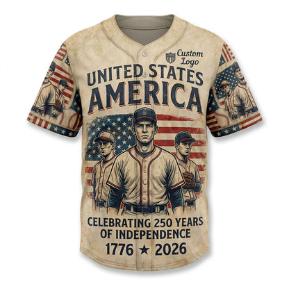 Full view of a custom patriotic baseball jersey celebrating 250 years of independence with classic player graphics