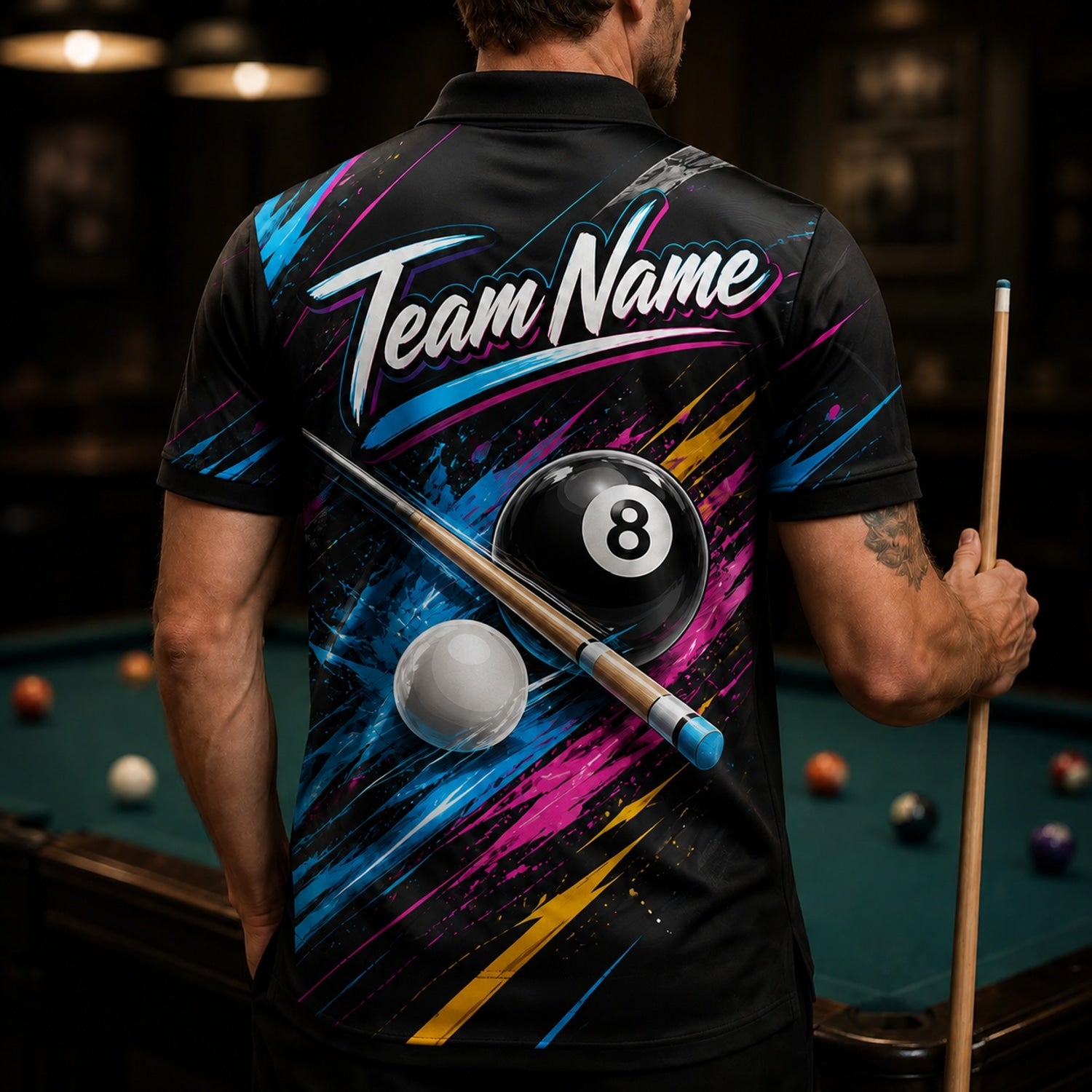 Custom 8 Ball Billiards Sport Personalized Billiard Polo Shirt Back View