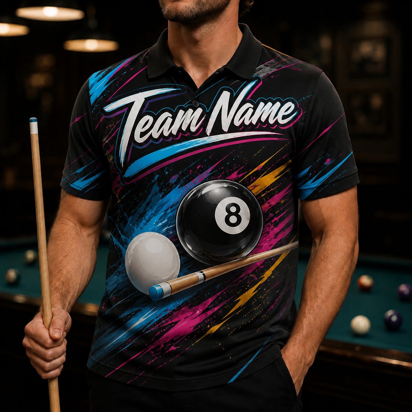 Custom 8 Ball Billiards Sport Personalized Billiard Polo Shirt Front View