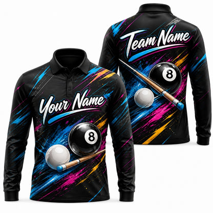 Custom 8 Ball Billiards Sport Personalized Billiard Polo Shirt Long Sleeve Polo