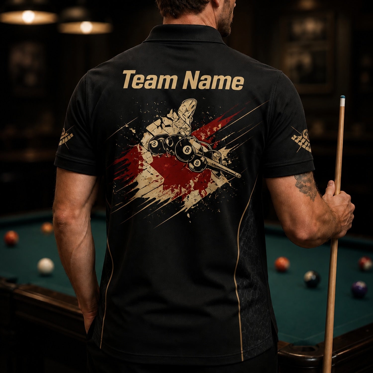 Custom 8 Ball Splash Modern Personalized Billiard Polo Shirt Back View
