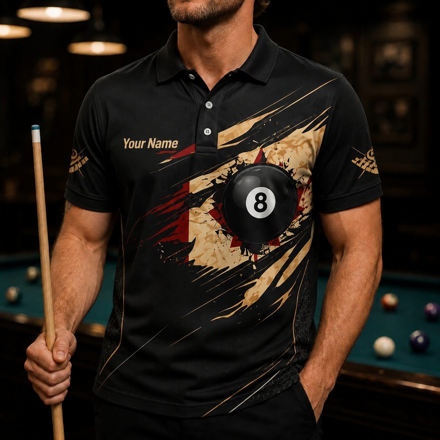 Custom 8 Ball Splash Modern Personalized Billiard Polo Shirt Front View