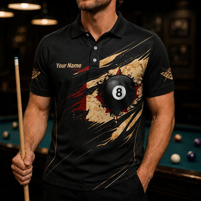 Custom 8 Ball Splash Modern Personalized Billiard Polo Shirt Front View