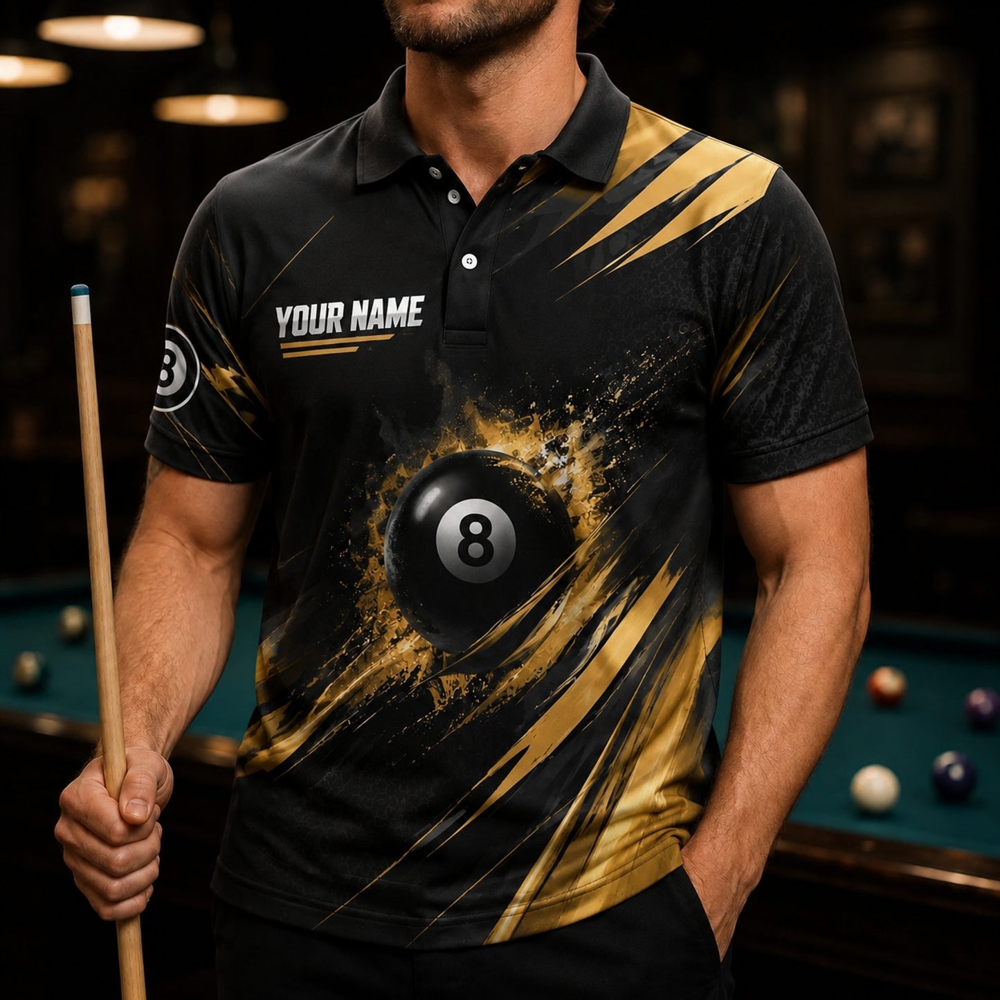 Custom 8 Ball Splash Personalized Billiard Polo Shirt Front View