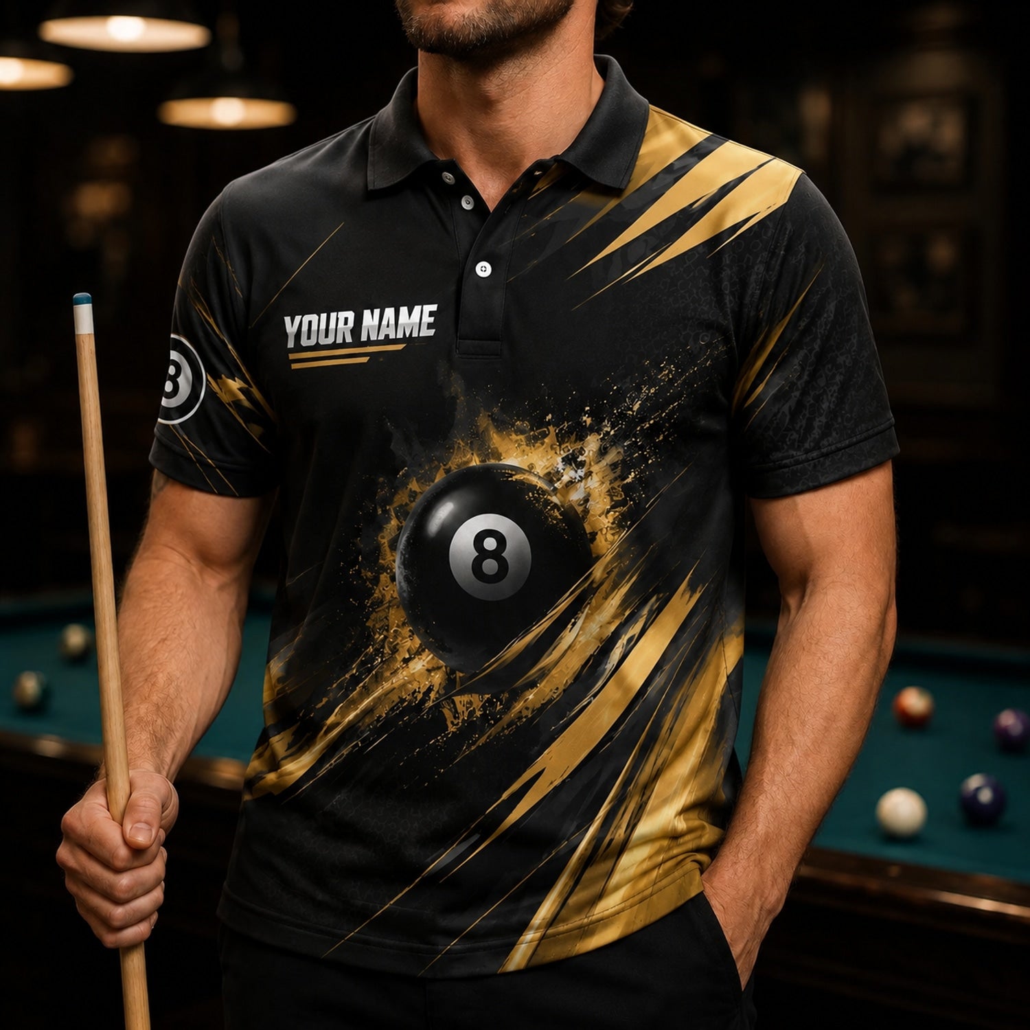 Custom 8 Ball Splash Personalized Billiard Polo Shirt Front View