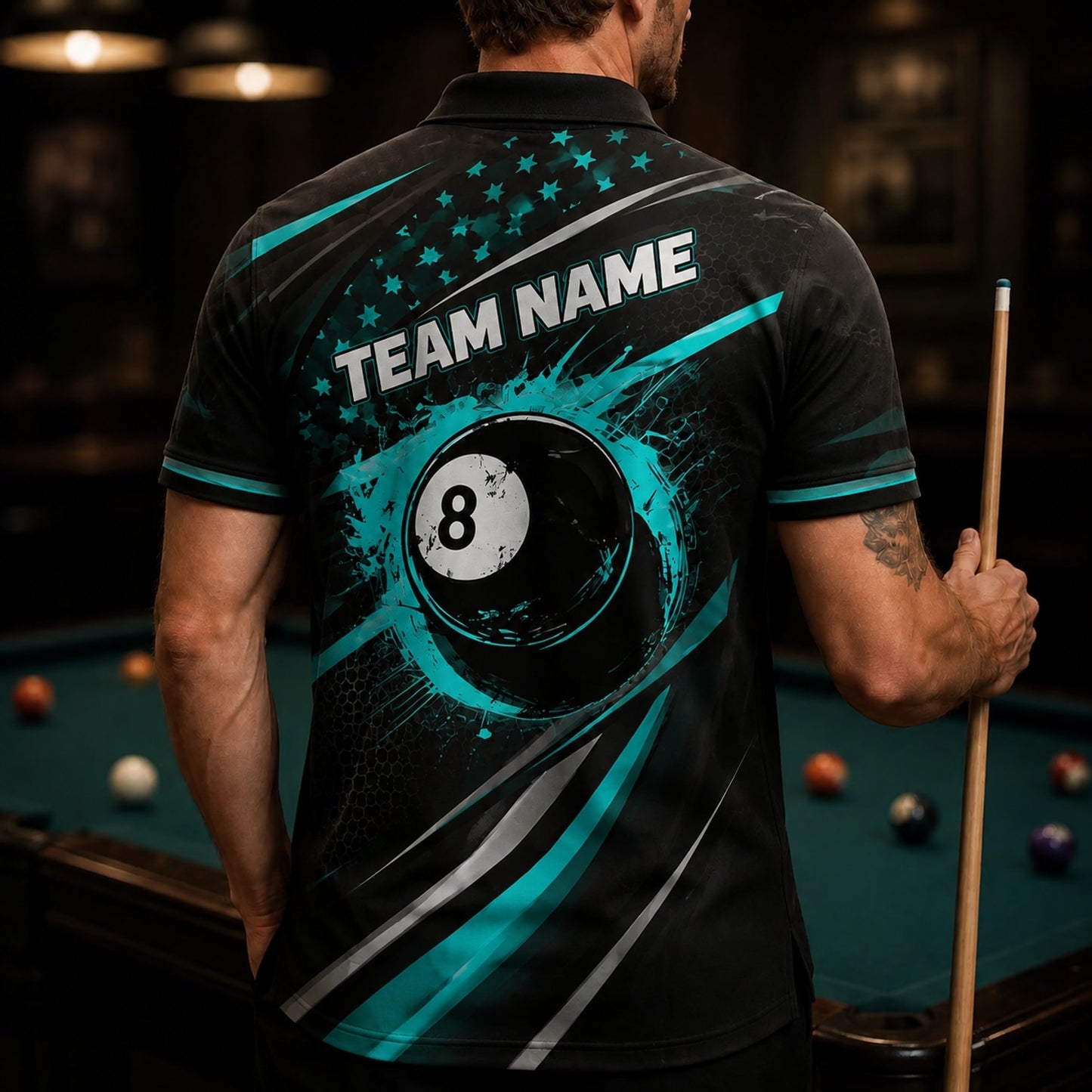 Custom 8 Ball Team Personalized Billiard Polo Shirt Back View