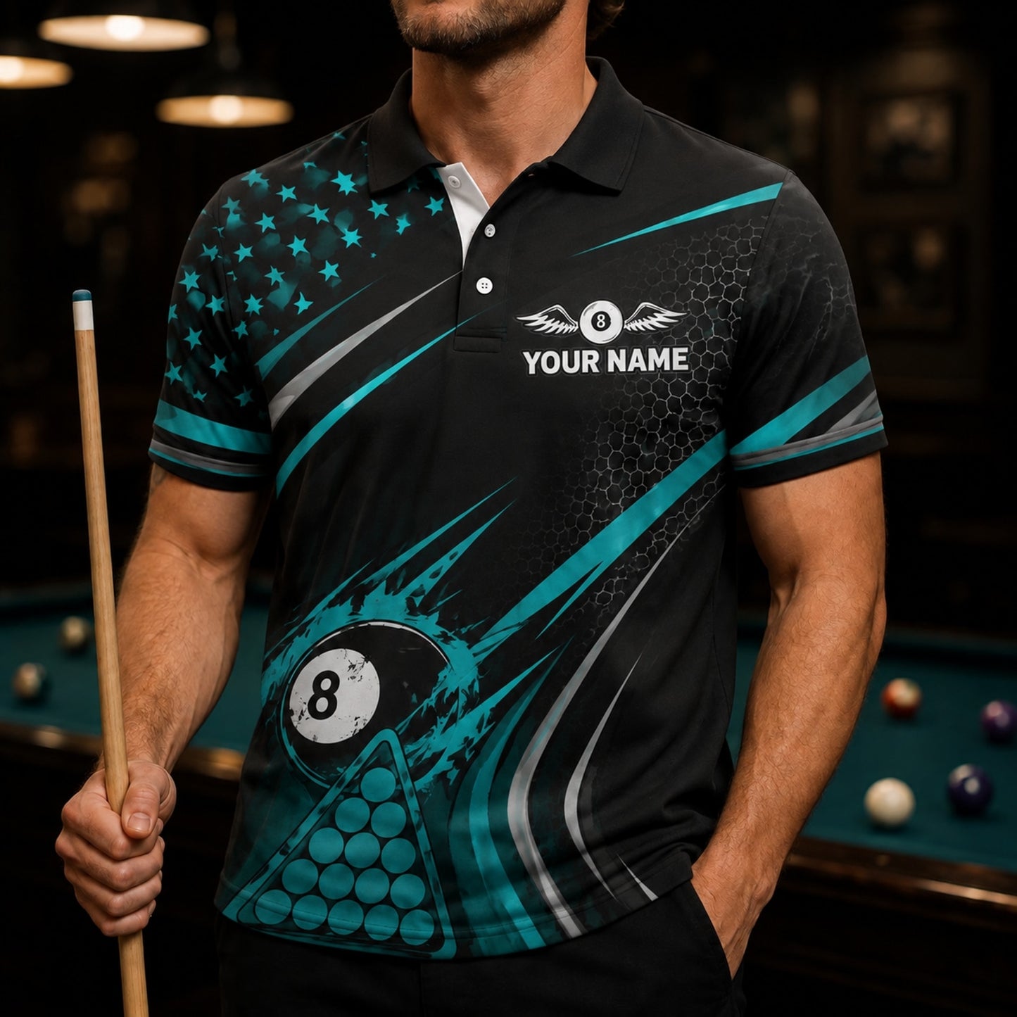 Custom 8 Ball Team Personalized Billiard Polo Shirt Front View